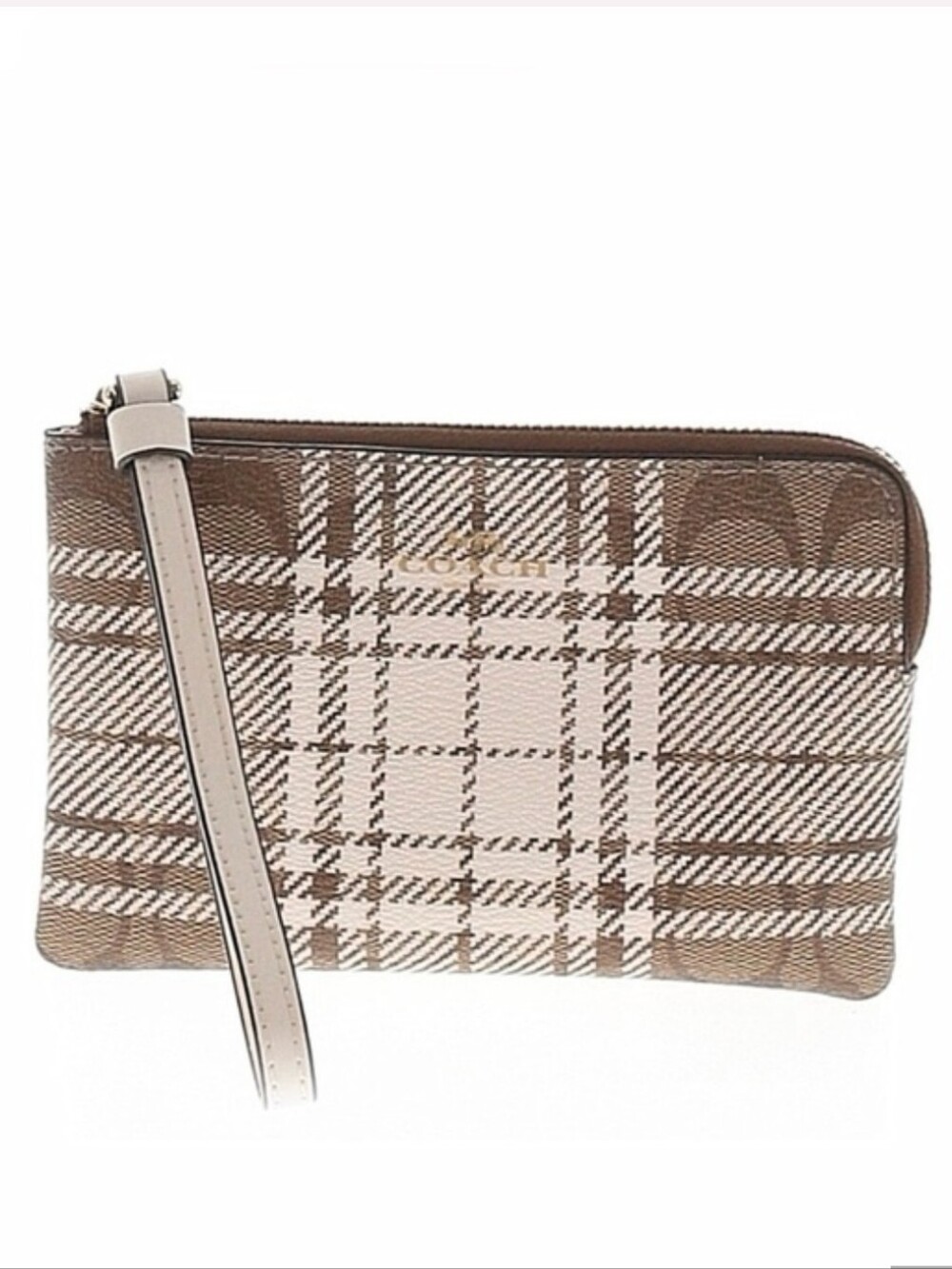 Coach Corner Zip Wristlet In Signature Canvas with A Fishing Plaid Print EUC